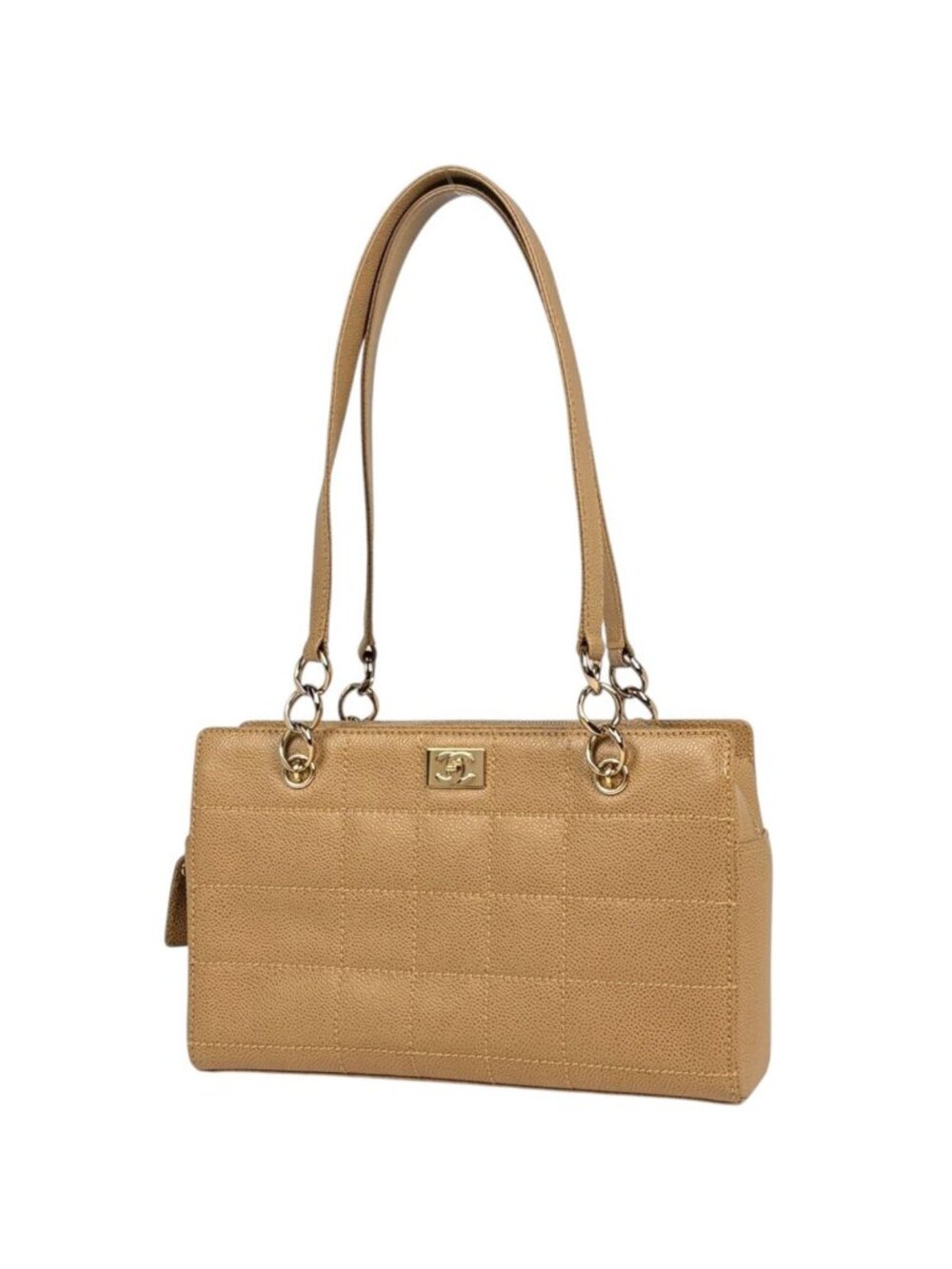Chanel Tote Bag Choco Bar CC Logo Caviar Leather Beige